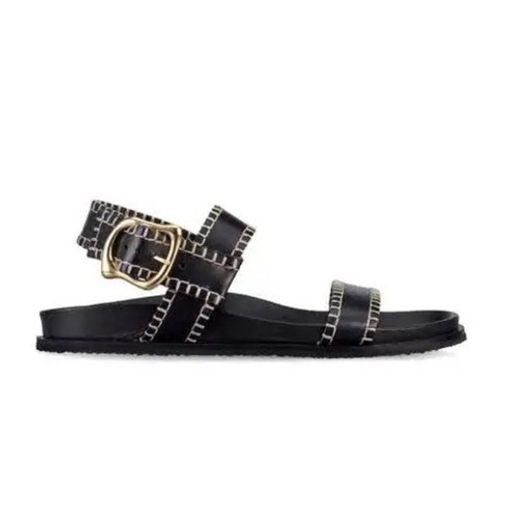 Frame Le Montauk Black Leather Whipstitch Buckle Flat Sandals Womens